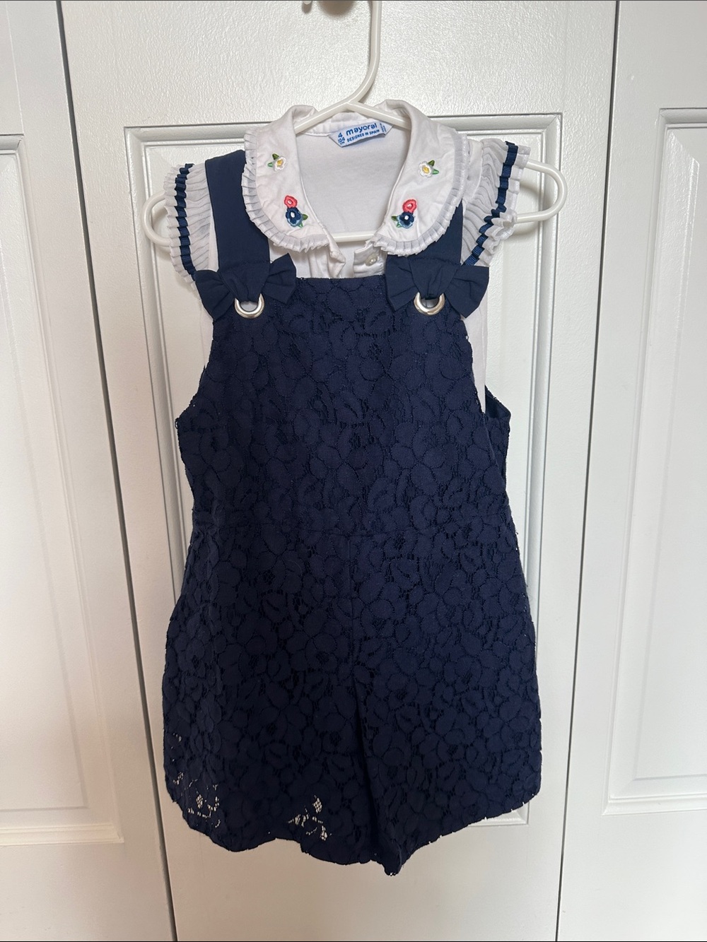 Mayoral Navy Lace Overalls with White Embroidered Collar Top